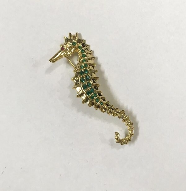 Cute Seahorse Gold Finish Brooch ,Green Beads - Image 2