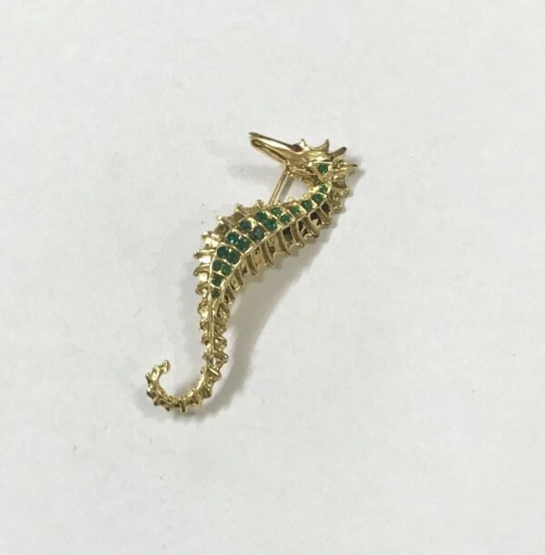 Cute Seahorse Gold Finish Brooch ,Green Beads - Image 3