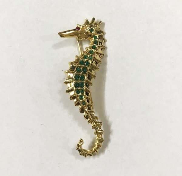 Cute Seahorse Gold Finish Brooch ,Green Beads