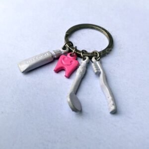 Pink Tooth with Brush, Paste & Mirror Charms Keychain