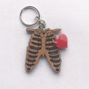 Little Red Heart Acrylic Charm with Wooden Ribs Keyring