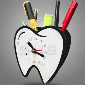 Dental Theme Acrylic Desktop Clock cum Pen Holder – 2-in-1 Clinic Desk Organizer