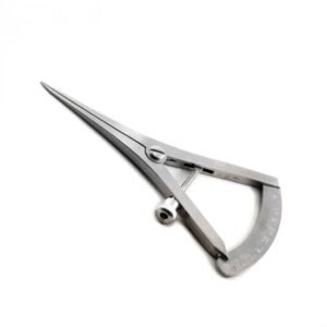 Metal calipers (measuring tool) with adjustable jaws on a white background.