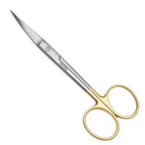 Stainless steel precision scissors with gold-plated handles on a white background, angled blades for fine cutting.