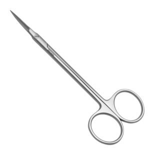 Sterile metal surgical scissors with long slim blades and circular finger rings.