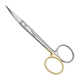 Precision scissors with slim metal blades and gold-toned finger rings, angled for detail work