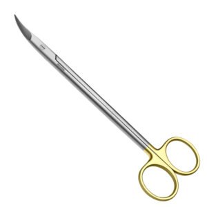 Gold-handled scissors with curved blades and stainless steel shaft