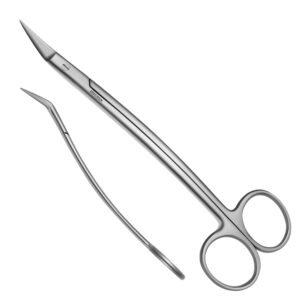 Set of stainless steel surgical instruments, including curved scissors and precision tweezers.