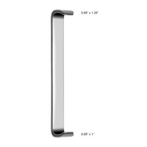 Chrome cabinet pull handle with rounded ends, shown vertically; dimensions 0.65" x 1.25" (top) and 0.65" x 1" (bottom).
