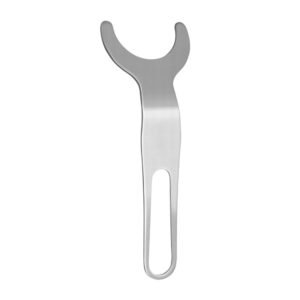 Metal spanner with two curved U-shaped prongs at the top and a long handle ending in an oval loop