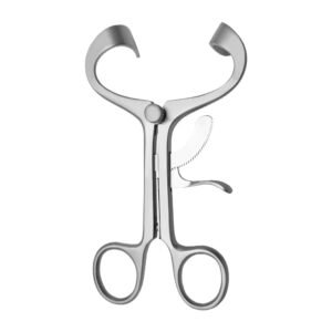Surgical stainless steel forceps with curved beak-like tips and ring handles, shown open on white background; likely a medical instrument for grasping tissue or providing traction.