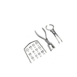 Dental instruments for tooth extraction, including extraction forceps and pliers, with a dental chart beside them.