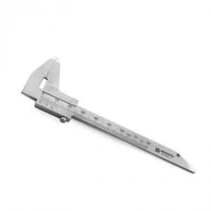 Metal vernier caliper measuring tool with metric scale up to 100 mm, used to measure external dimensions.
