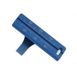 Blue plastic sliding measurement gauge with a 0–30 mm scale, used for precise measurements.