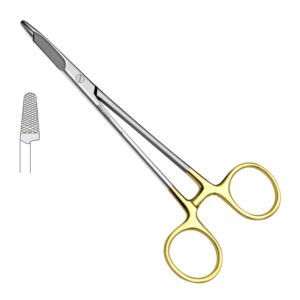 Surgical scissors with gold-plated finger rings and straight silver blades, shown at an angle.