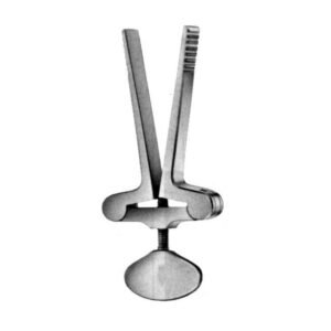 Metal surgical clamp with two long, joined arms and a screw-adjusted hinge, used to grasp or hold tissue during procedures.