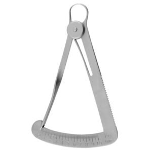 Metal adjustable caliper with a curved ruler base and hinge, used for precise measurements in drafting/engineering.