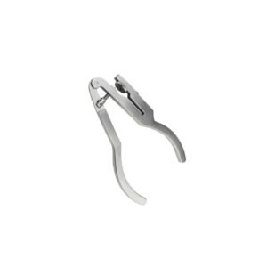 Metal surgical forceps with a locking mechanism and curved handles, shown against a white background
