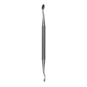 Double-ended stainless steel dental tool with a textured grip; one end a small toothbrush-like brush, the other a curved pick for cleaning teeth.