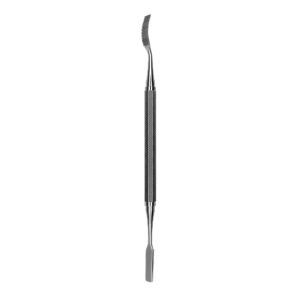 Two-ended stainless steel dental scaler with a textured grip, featuring a curved tip on the top end and a flat chisel-like tip on the bottom end, used for removing plaque and calculus.