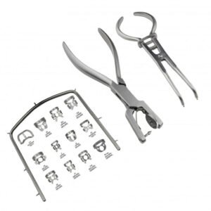 Dental extraction tools set with forceps, pliers, and a tooth-outline guide template.