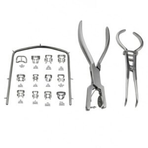 Orthodontic instrument set: bracket templates and a curved wire frame with two pliers for braces alignment and ligature adjustments, laid out on a white background.