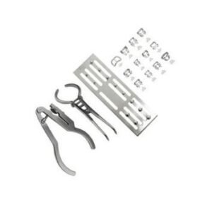 Dental instrument kit with pliers, forceps, scalers, and small detachable tips on a white background.