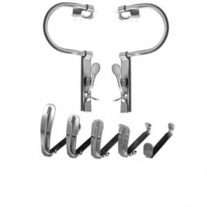 Stainless steel dental mouth retractor set with two curved arms and multiple hook blades on a white background.