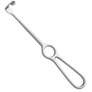 Long stainless steel surgical instrument with a loop handle and curved hook tip.