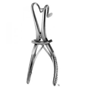 Surgical locking forceps with long handles and toothed jaws, used to grasp tissue during operations
