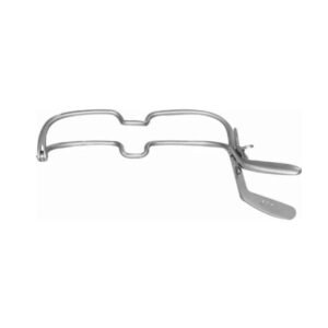 Metal dental cheek retractor with handles, used to hold lips and cheeks away during procedures/exams.