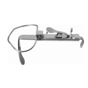 Dental mouth retractor (speculum) used to hold lips/jaws open during procedures on a patient, metal instrument with finger rings and clamps.
