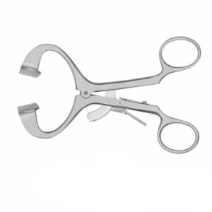 Stainless steel surgical forceps with scissor-like handles and curved, jawed tips for grasping tissue.