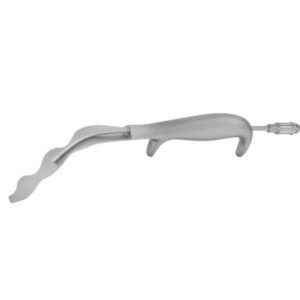 Medical retractor with curved blades and a long handle, used to hold back tissue during surgery.