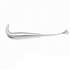 Dental cheek retractor with a curved spoon-shaped blade and long handle on a white background.