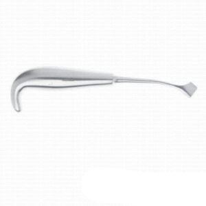 Dental cheek retractor: curved metal instrument with handle used to hold back lips during procedures.