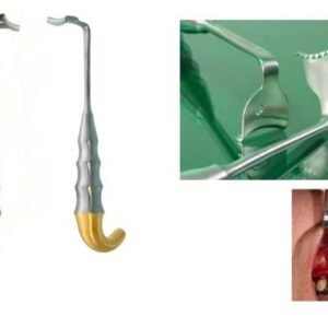 Two dental extraction elevators with yellow handles; also shows close-ups of a dental tool and a bleeding extraction site in the mouth.
