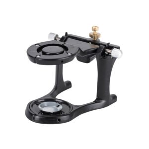 Black metal precision vise on a curved base with a circular holding platform and adjustment screws, used to secure small parts during detailed work.